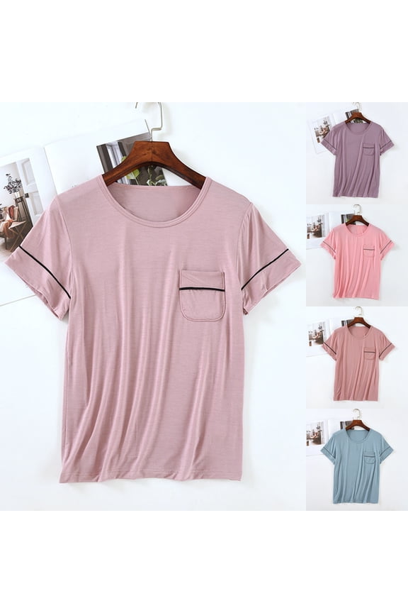 Women 's Pajama Blouses Summer Solid Color Short Sleeve Lightweight Blouses Tops Home Sleepwear Pajamas with Pockets