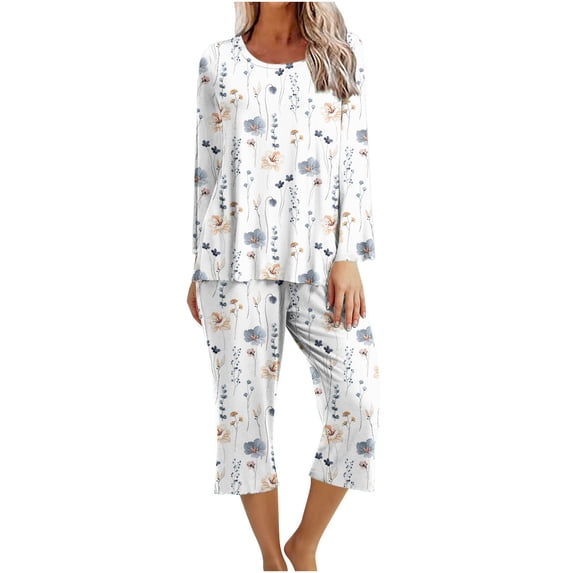 Women's Pajama Casual Long Sleeve Shirt and Capri Pants Sleepwear Pjs Sets with Pockets Lounge Sets