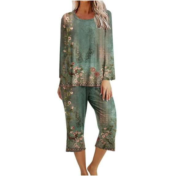 Women's Pajama Casual Long Sleeve Shirt and Capri Pants Sleepwear Pjs Sets with Pockets Lounge Sets