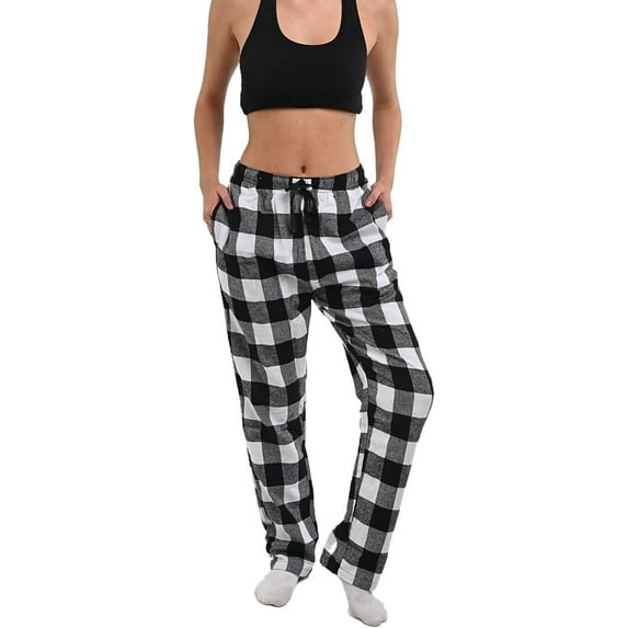 Women's Pajama Pants - Comfy Cotton Drawstring Plaid Lounge & Sleep Bottoms Black White, Medium