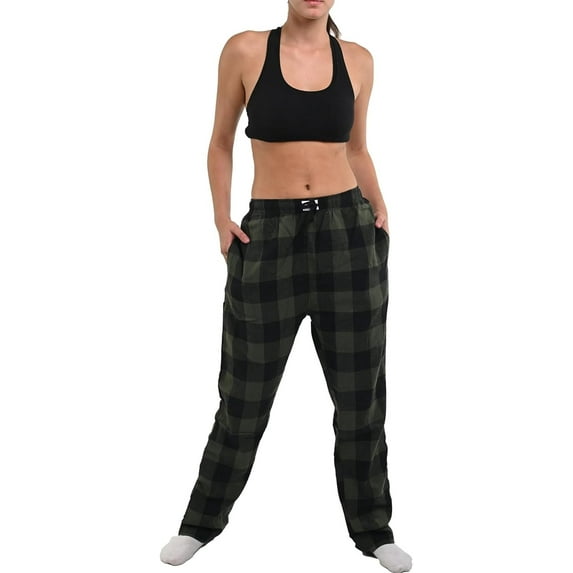 Women's Pajama Pants - Comfy Cotton Drawstring Plaid Lounge & Sleep Bottoms Green Black, Small