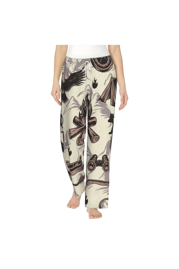 Women's Pajama Pants Comfy Sleep Lounge Bottoms Pockets, Camping Bear Compass Eagle Vintage