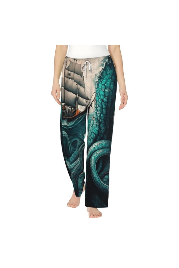 Women's Pajama Pants Comfy Sleep Lounge Bottoms Pockets, Cool Octopus Monster Sail Boat Waves