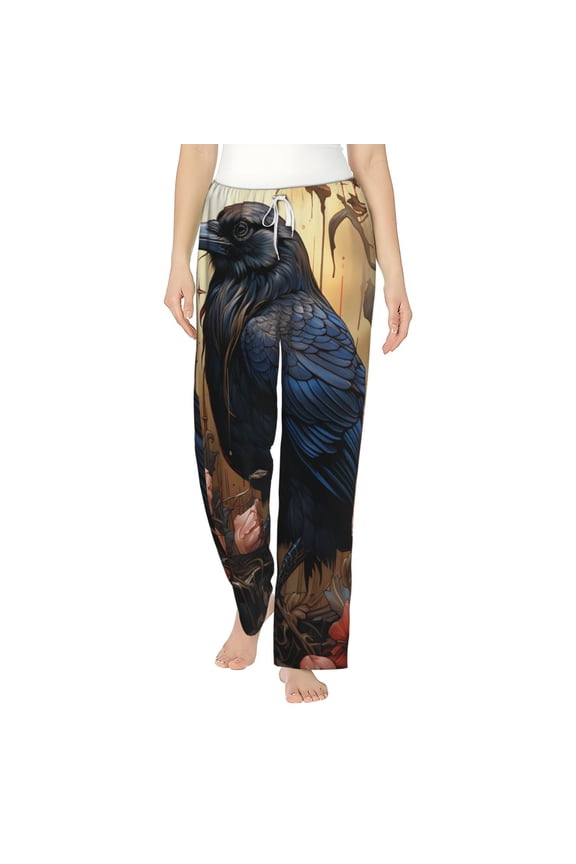 Women's Pajama Pants Comfy Sleep Lounge Bottoms Pockets, Crow And Flowers Raven Gothic