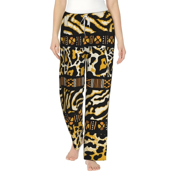 Women's Pajama Pants Comfy Sleep Lounge Bottoms Pockets, Golden Wild Animal Skins With African Tribal Motifs