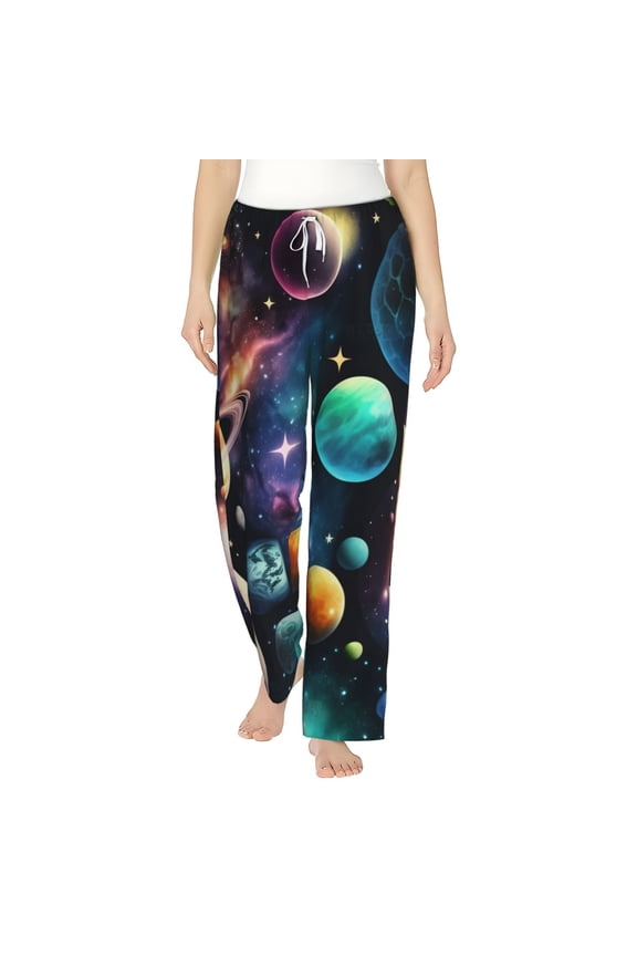 Women's Pajama Pants Comfy Sleep Lounge Bottoms Pockets, Planets Galaxy Stars Cosmic Space