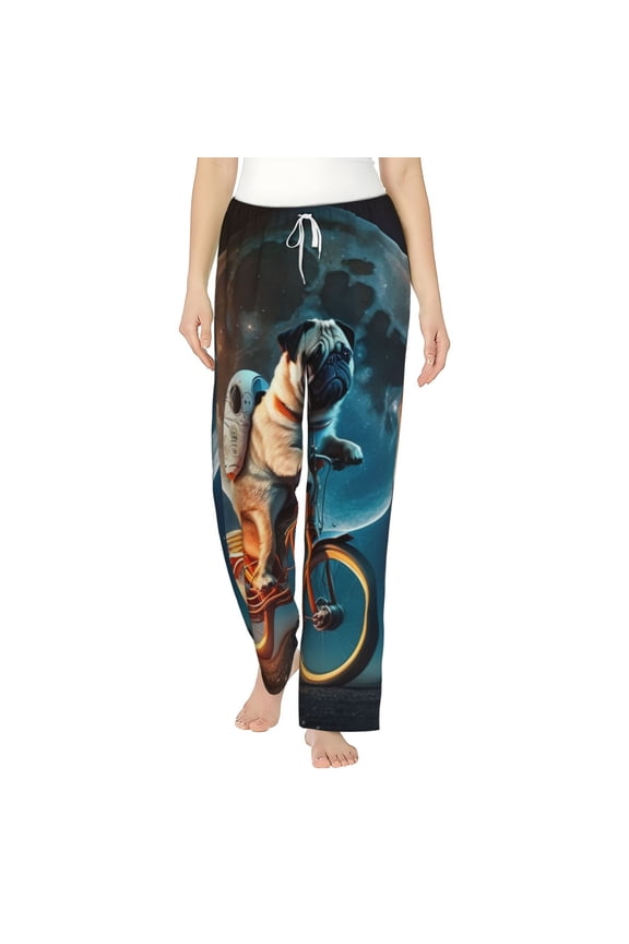 Women's Pajama Pants Comfy Sleep Lounge Bottoms Pockets, Pug Riding To The Moon Funny