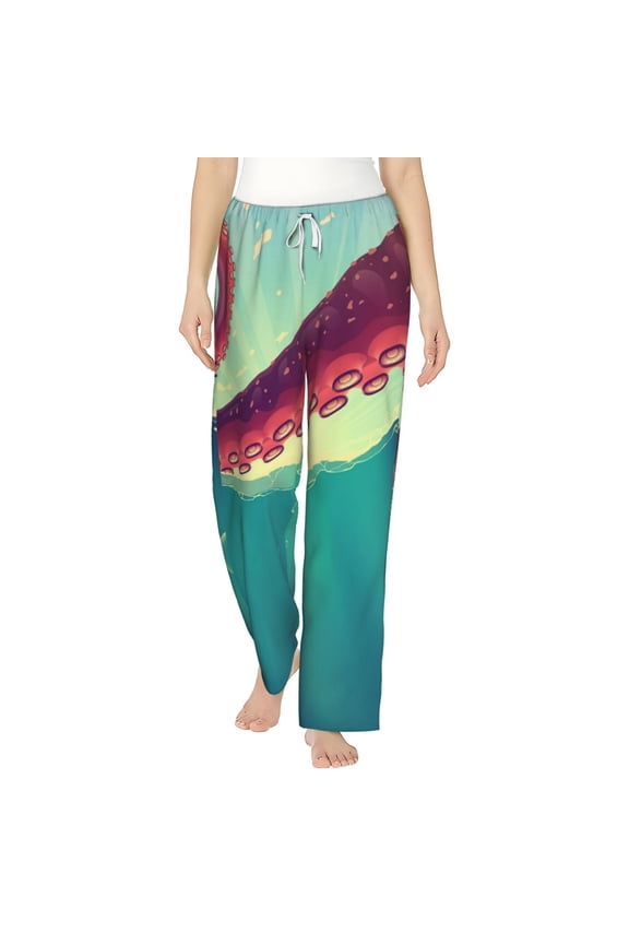 Women's Pajama Pants Comfy Sleep Lounge Bottoms Pockets, Red Octopus Tentacles Sea Water