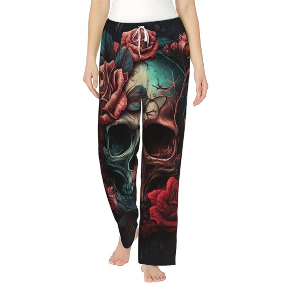 Women's Pajama Pants Comfy Sleep Lounge Bottoms Pockets, Skull Death Roses Retro