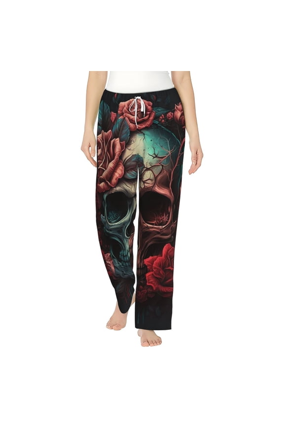 Women's Pajama Pants Comfy Sleep Lounge Bottoms Pockets, Skull Death Roses Retro