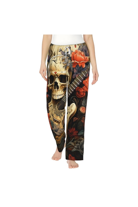 Women's Pajama Pants Comfy Sleep Lounge Bottoms Pockets, Skull Guitar Vintage Art