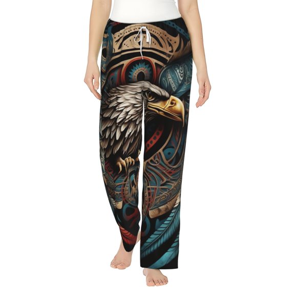 Women's Pajama Pants Comfy Sleep Lounge Bottoms Pockets, Tribal Native Eagle Symbols Black
