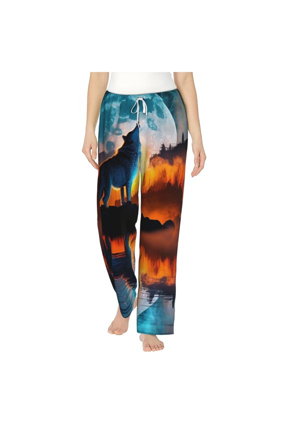 Women's Pajama Pants Comfy Sleep Lounge Bottoms Pockets, Wolf Howling Night Moon River