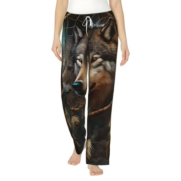 Women's Pajama Pants Comfy Sleep Lounge Bottoms Pockets, Wolf Indian Dream Feather