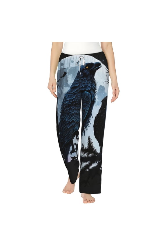 Women's Pajama Pants Comfy Sleep Lounge Bottoms Pockets, Wolf Raven Moonlight Moon Night