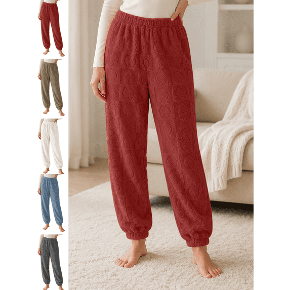 Women's Pajama Pants Heart Embossed Fleece Pant High Waisted Jogger Lounge Bottoms Warm Winter Sleepwear