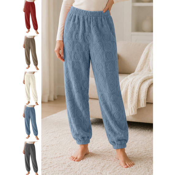 Women's Pajama Pants Heart Embossed Fleece Pant High Waisted Jogger Lounge Bottoms Warm Winter Sleepwear