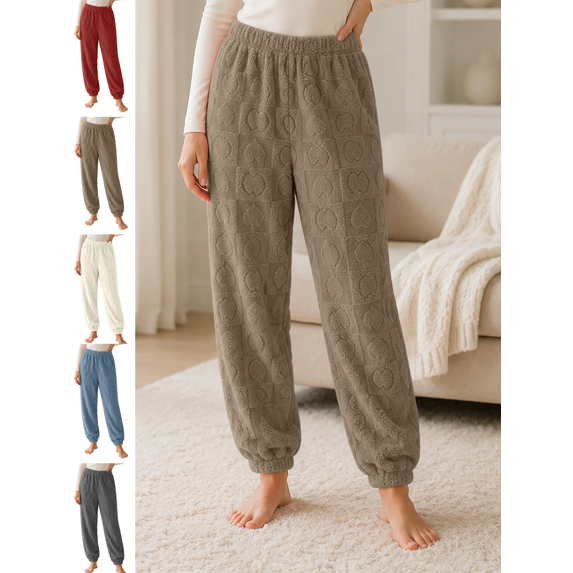 Women's Pajama Pants Heart Embossed Fleece Pant High Waisted Jogger Lounge Bottoms Warm Winter Sleepwear