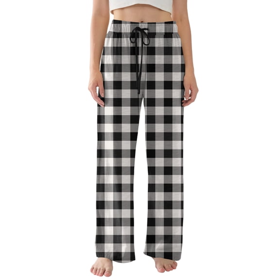 Women's Pajama Pants Lightweight Casual Comfy Palazzo Pants, Plaid Print Sleepwear Loungewear Bottoms with Pockets,Black,S
