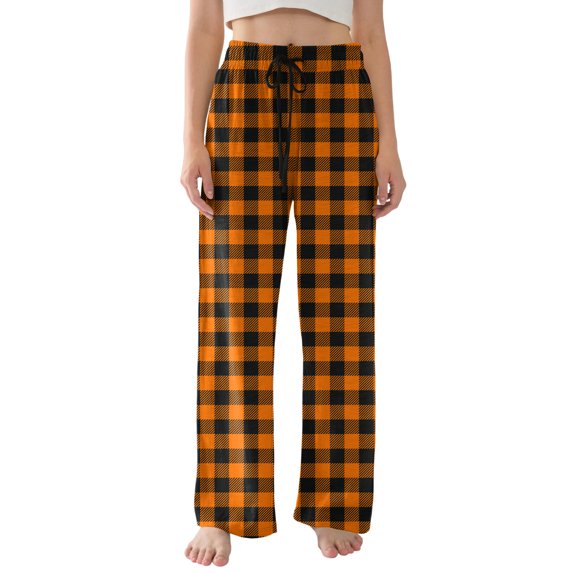 Women's Pajama Pants Lightweight Casual Comfy Palazzo Pants, Plaid Print Sleepwear Loungewear Bottoms with Pockets,Orange,L