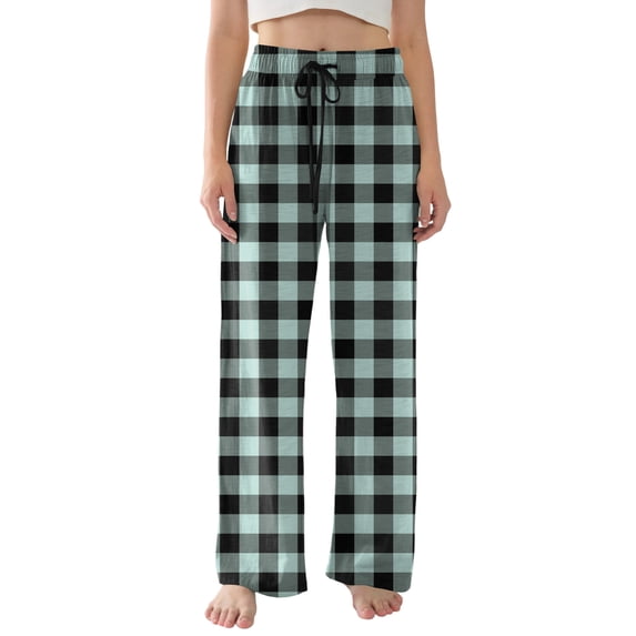 Women's Pajama Pants Lightweight Casual Comfy Palazzo Pants, Plaid Print Sleepwear Loungewear Bottoms with Pockets,Sky Blue,L