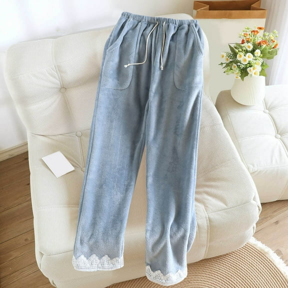 Women's Pajama Pants Plush Fleece Elastic Waistband Thickned Sleepwear Solid Color Winter Warmth Soft Comfy Relaxed Lounge Pj Pants