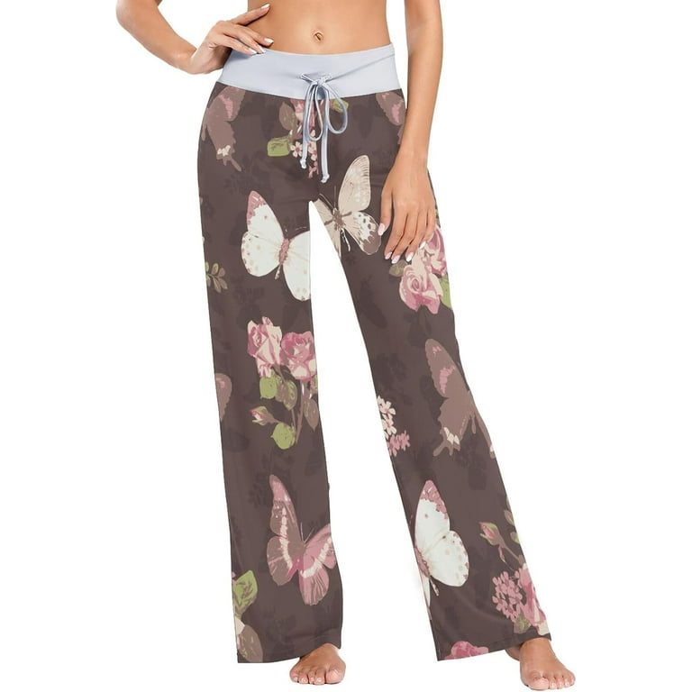 Women's Pajama Pants Rose Butterfly Comfy Stretch Sleepwear Essentials  womens Lightweight Lounge Terry Pajama Pant, X-Large