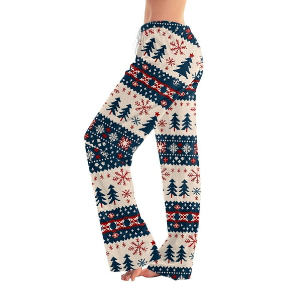 Women's Pajama Pants Sleepwear Casual Drawstring Elastic Waist Pants Comfy Straight Yoga Loose Trousers with Christmas Print, Fashionable Home Bottoms for Winter, Navy, S