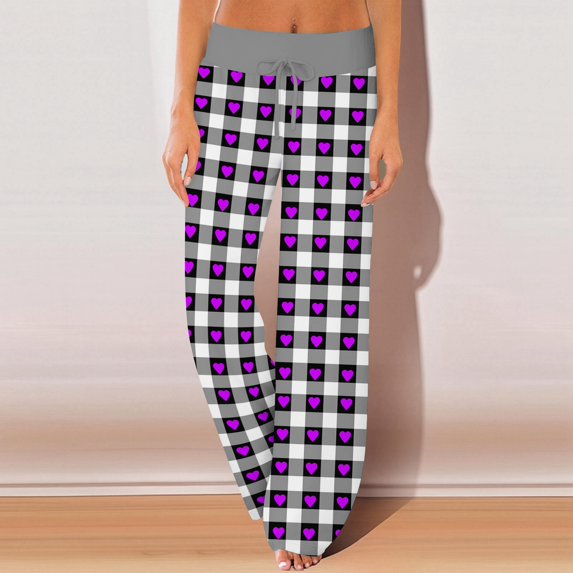 Women's Pajama Pants Sleepwear, Casual Drawstring Elastic Waist Pants, Comfy Straight Yoga Loose Trousers with Love Print,Dark Purple,3XL