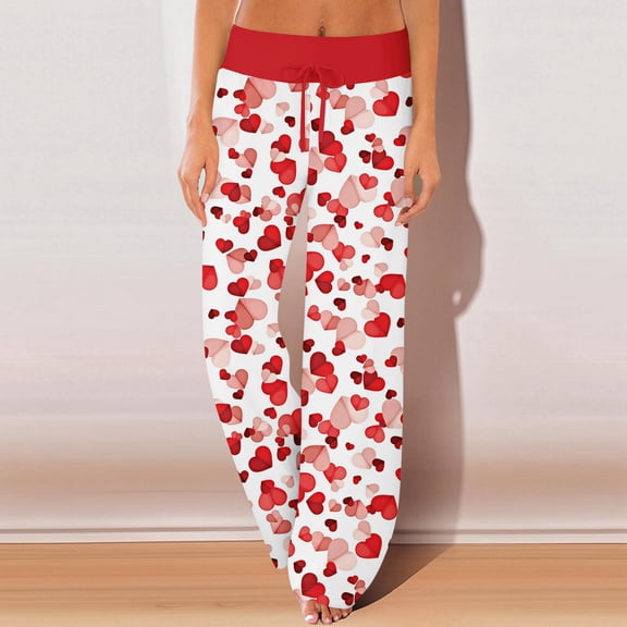 Women's Pajama Pants Sleepwear, Casual Drawstring Elastic Waist Pants, Comfy Straight Yoga Loose Trousers with Love Print,Pink,S