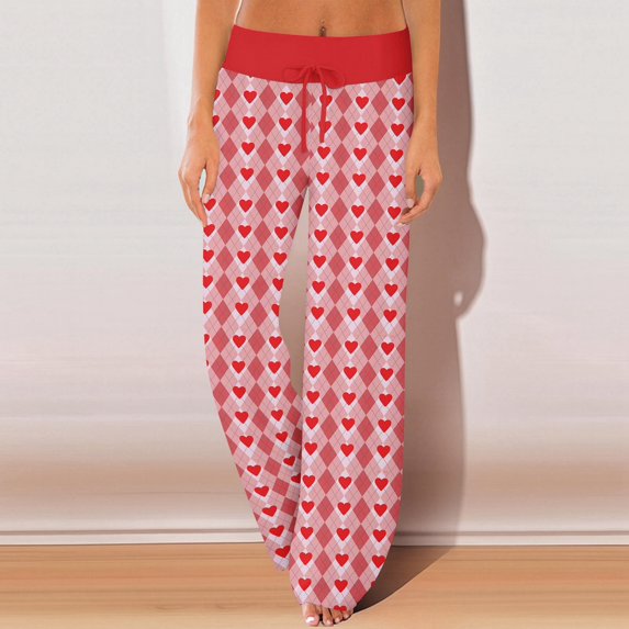 Women's Pajama Pants Sleepwear, Casual Drawstring Elastic Waist Pants, Comfy Straight Yoga Loose Trousers with Love Print,Red,2XL