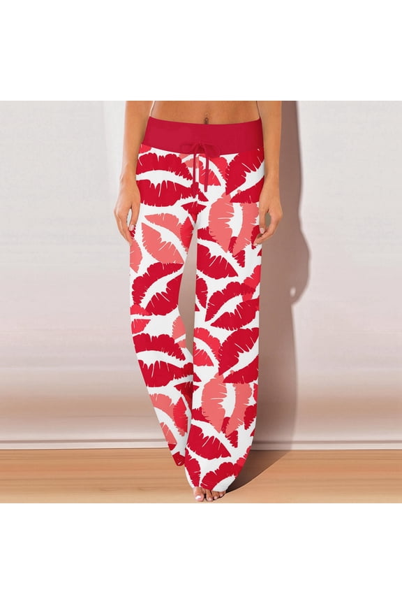 Women's Pajama Pants Sleepwear, Casual Drawstring Elastic Waist Pants, Comfy Straight Yoga Loose Trousers with Love Print,Red,M