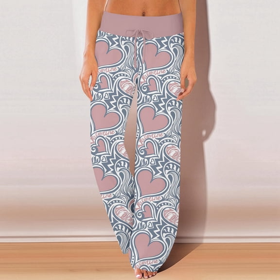 Women's Pajama Pants Valentines Elastic Waist Cute Heart Printed Pajama Pants Relaxed Fit Wide Leg Pj Pants Valentines Day Gifts