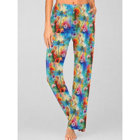 Women's Pajama Pants with Pockets, Watercolor Dragonfly Soft Breathable Lounge Pants