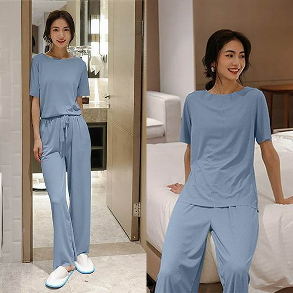 Women's Pajama Set 2 Piece Short Sleeve Top and Long Pants, Silky Soft Sleepwear Loungewear with Elastic Waistband for Comfortable Nightwear, Lounge, Travel, and Gift Giving Blue L