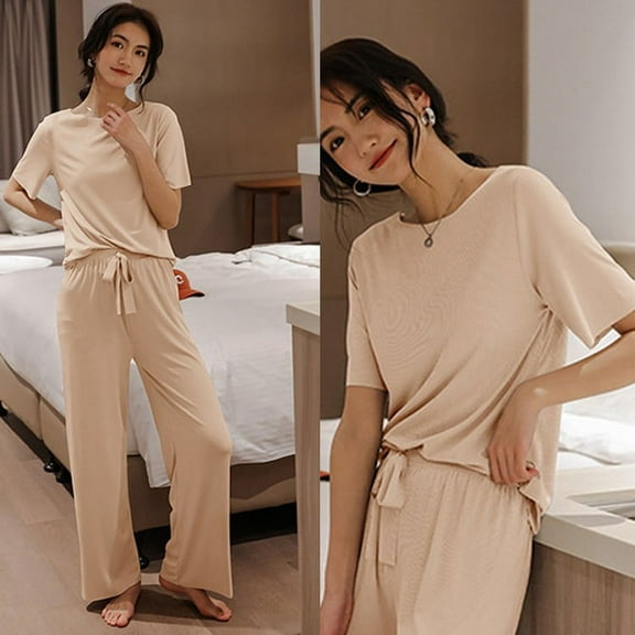 Women's Pajama Set 2 Piece Short Sleeve Top and Long Pants, Silky Soft Sleepwear Loungewear with Elastic Waistband for Comfortable Nightwear, Lounge, Travel, and Gift Giving Beige L