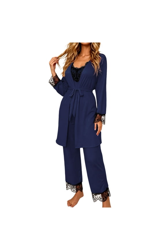 Women's Pajama Set 3-Piece with Robe V-Neck Lace Cami Top and Long Pants Soft Sleepwear Navy M(M)