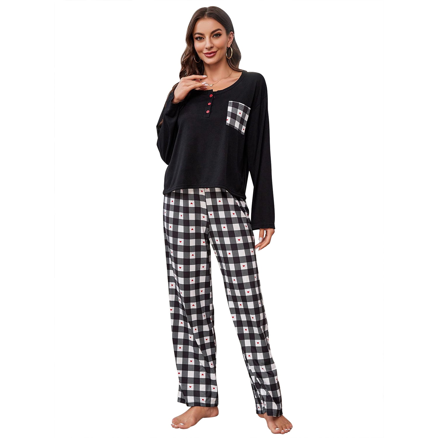 Women's Pajama Set Autumn Black Round Neck Long Sleeved with Pockets ...