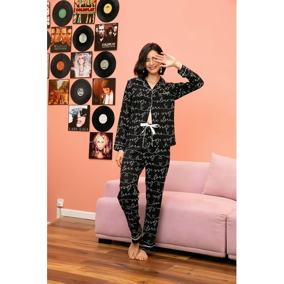 ebukurty Women's Pajama Sets 2 Piece Black V-neck Soft Long Sleeve Sleepwear, Sizes M-XL