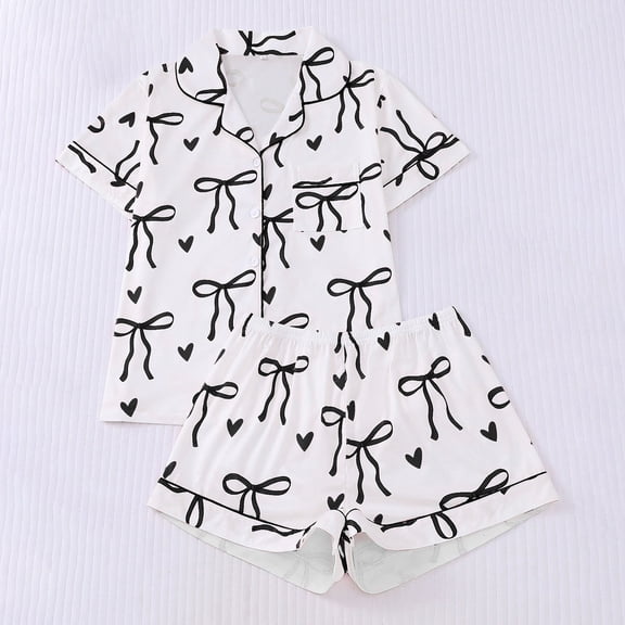 Women's Pajama Set Bow Print Short Sleeve Button Down Sleep Shirt & Pj Shorts Set (Black M)