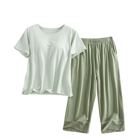 Women's Pajama Set Built-in Bra Padded Shirt and Capri Pants Sleepwear Pjs Sets Short Sleeve Lounge Set