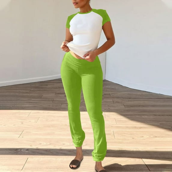 Women's Pajama Set Under $15 Short Sleeve Long Pants Casual Solid Color Fitting Short Sleeve Round Neck Top Blouse And Pants Sports Set Suit