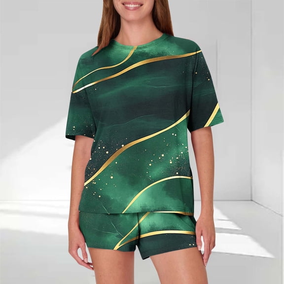 Women's Pajama Set Under $10 Short Sleeve And Shorts Casual Loose Printing Round Neck Short Sleeved Shorts Pajamas Suit