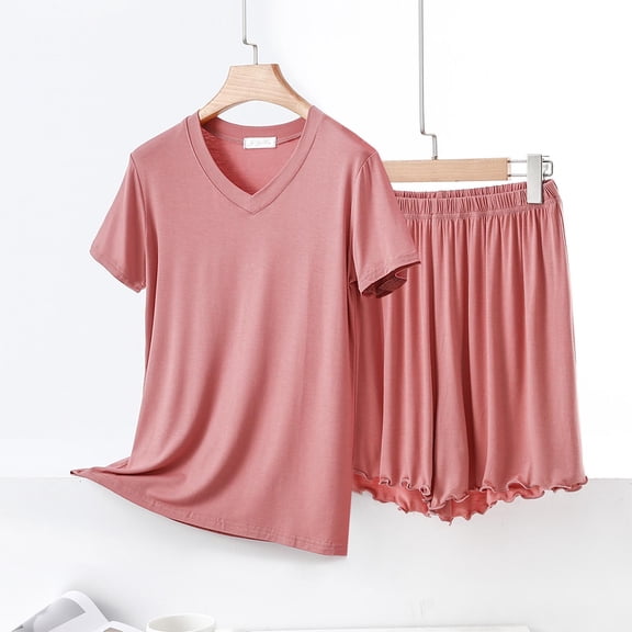 Women's Pajama Set Under $10 Short Sleeve And Shorts Casual Loose V-neck Sleeved Lace Shorts Pajama Set