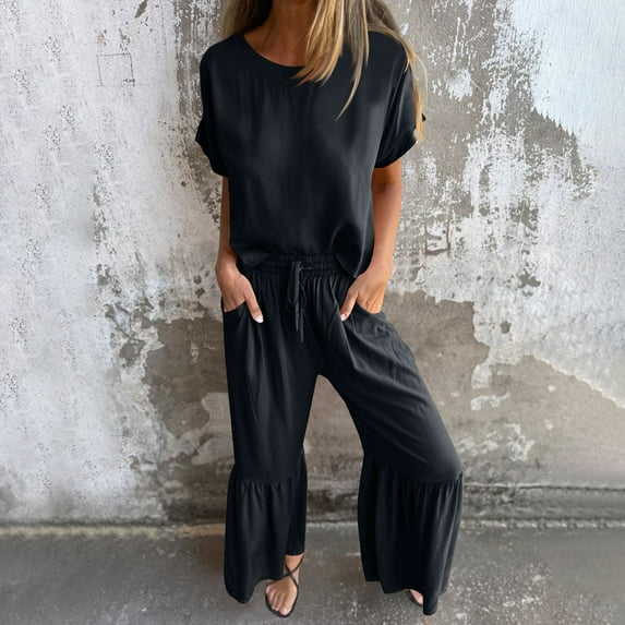 Women's Pajama Set Under $15 Short Sleeve Long Pants Spring/Summer Round Neck Casual Solid Color Cotton/Linen Short Sleeve Pants Suit