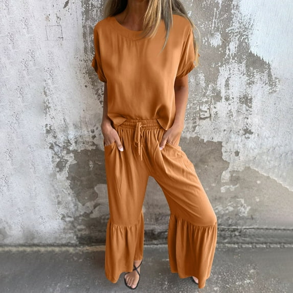 Women's Pajama Set Under $15 Short Sleeve Long Pants Spring/Summer Round Neck Casual Solid Color Cotton/Linen Short Sleeve Pants Suit