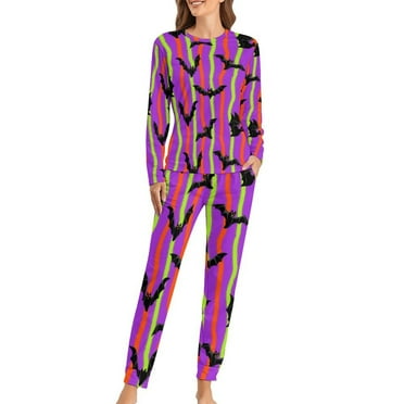 Women's Pajama Set Halloween Bats Pattern Long Sleeve Round Neck Nightwear Sleepwear, Soft Loungewear, Pjs Sets with Pockets