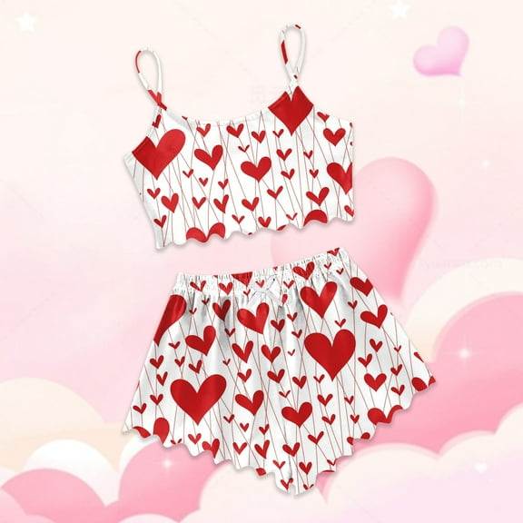 Women's Pajama Set Heart Print Sleeveless Top and Shorts Comfortable and Stylish for Lounge and Sleep