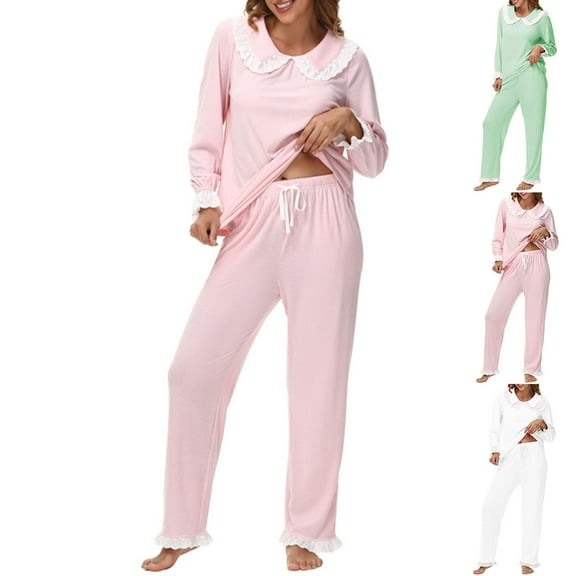 Women’s Pajama Set Long Sleeve Crew Neck Loungewear Soft Cotton Sleepwear 2 Piece Pjs Set Comfy Relaxed Fit Nightwear