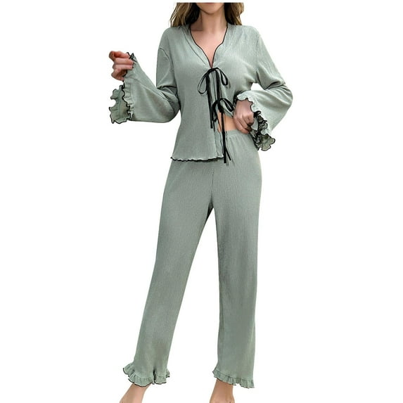 Women’s Pajama Set Long Sleeve Ruffle Loungewear Soft Knit 2 Piece Sleepwear Comfy Tie Front Button Down Pjs Outfit